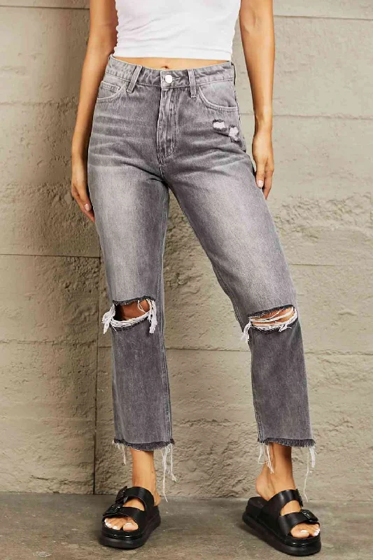 BAYEAS Stone Wash Distressed Cropped Straight Jeans Youthful Women's Anime - inspired