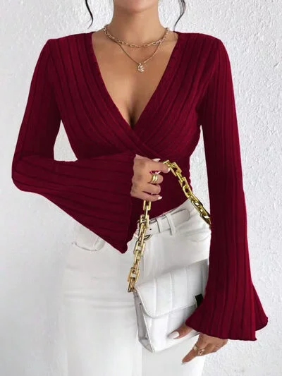Ribbed Flare Sleeve Top Stylish Women's Neon