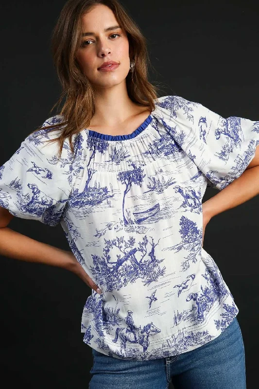 Umgee Full Size Two Tone Landscape Round Neck Print Top Plus Size European