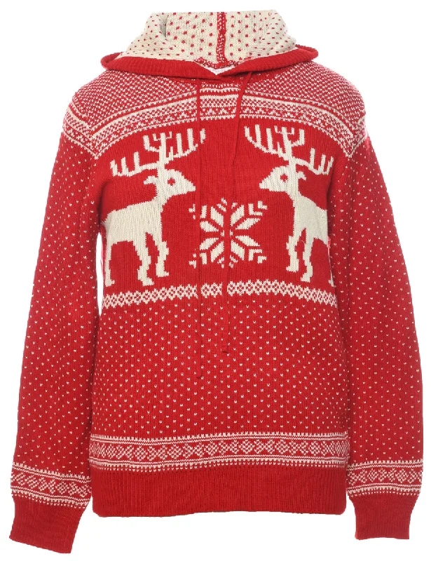 Hooded Nordic Red Jumper - L Laid - back Women's Vibe