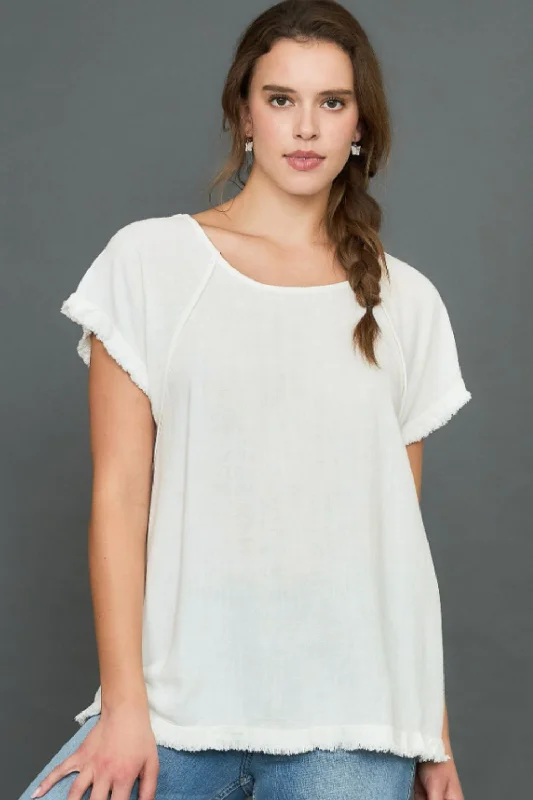 Umgee Full Size Seam Detail Linen Ruffle Fringe Edge Top Plus Size Compression