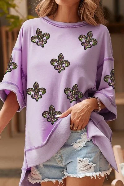 Mardi Gras Sequin Fleur De Lis Patched Exposed Seam Oversize Top Laid - back Women's Style