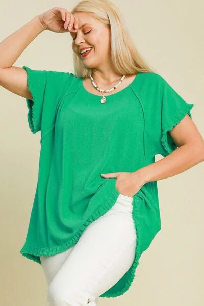 Umgee Full Size Seam Detail Linen Ruffle Fringe Edge Top Plus Size Sporty Women's Athleisure 