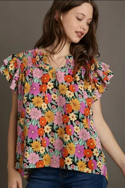 Umgee Full Size Floral Printed Smocked Top Plus Size Trendy Women's 