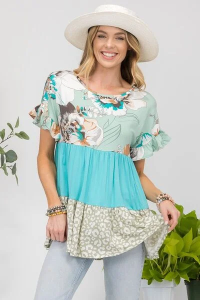 Celeste Printed Color Block Ruffled Short Sleeve Top Athletic Women's 