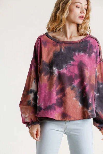 Umgee Full Size Tie Dye Round Neck Long Balloon Sleeve Top Plus Size Artistic Women's Hand - painted