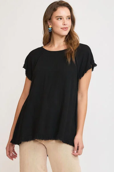 Umgee Full Size Seam Detail Linen Ruffle Fringe Edge Top Plus Size Feminine Women's Style 