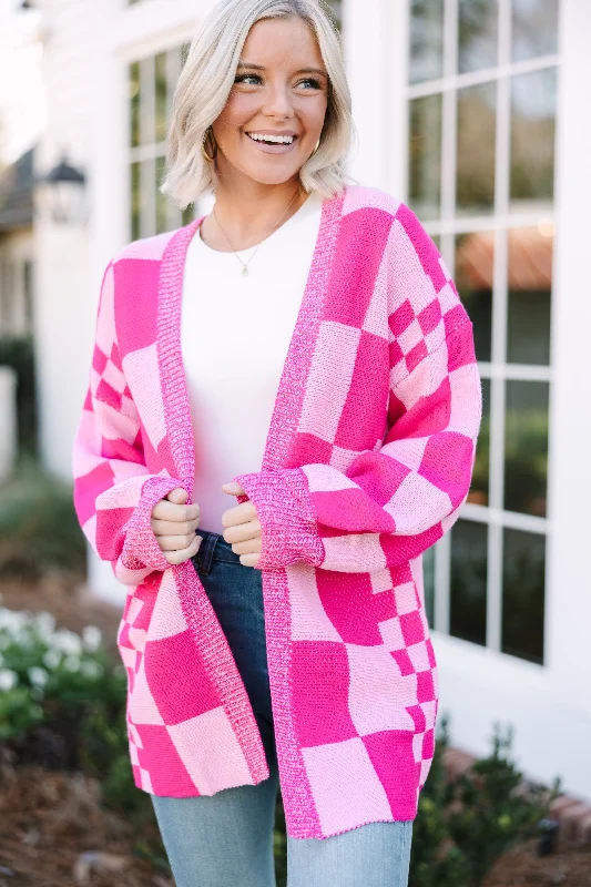 Make Your Day Hot Pink Checkered Cardigan Contemporary 