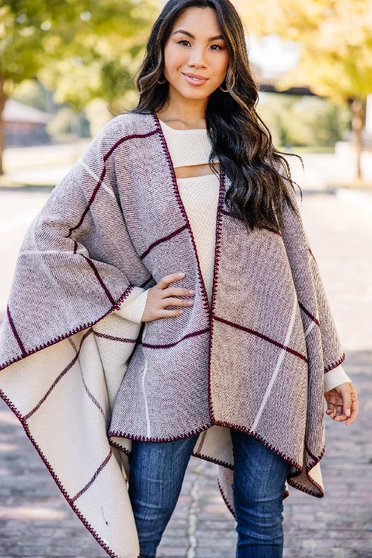 Get Going Burgundy Red Plaid Poncho Trendy Women's Oversized