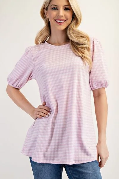 Celeste Full Size Gingham Print Top With Puff Sleeves Plus Size Preppy Women's College