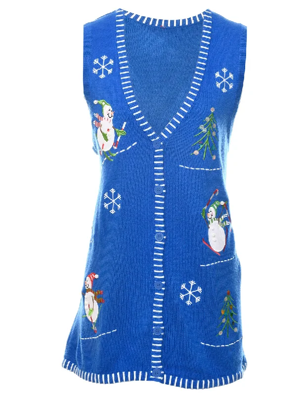 Blue Christmas Vest - L Preppy Women's College