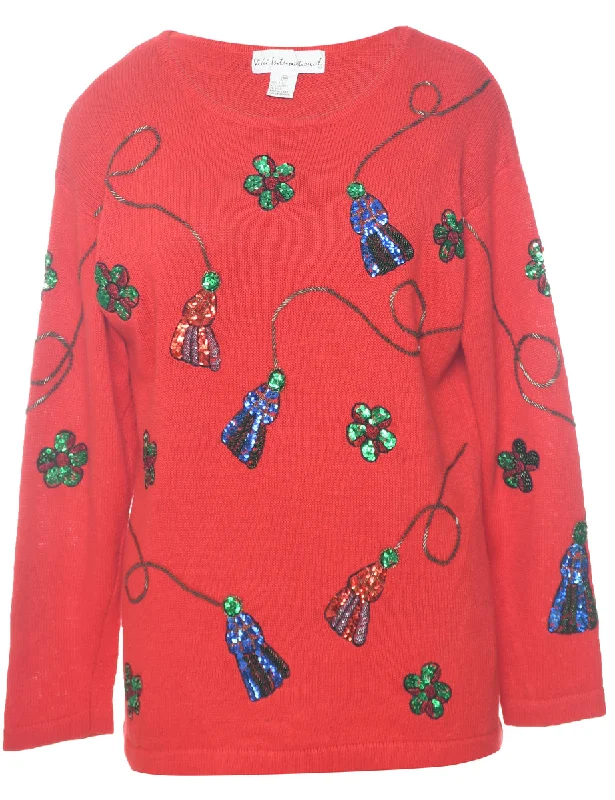 Sequined Red Jumper - M Traditional Women's 