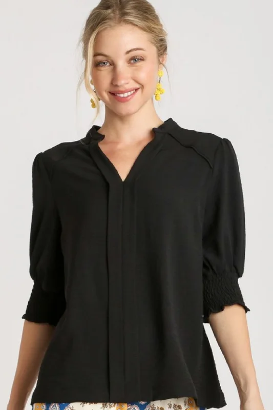 Umgee Full Size Split Neck Boxy Cut Top with Piping Details Plus Size Casual Women's Japanese 