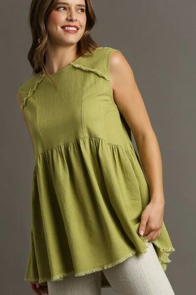 Umgee Full Size Raw Hem Linen Round Neck Sleeveless Top Plus Size Youthful Women's Anime - inspired