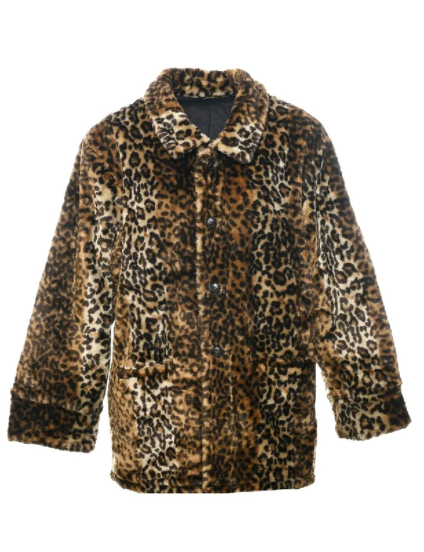 Leopard Pattern Faux Fur Coat - L Casual Women's Loose - fitting