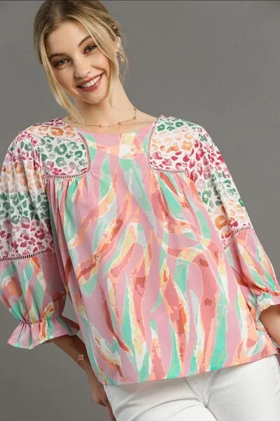 Umgee Full Size Mixed Print Lace Trim Top Plus Size French