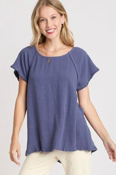 Umgee Full Size Seam Detail Linen Ruffle Fringe Edge Top Plus Size Feminine Women's Soft 