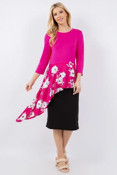 Celeste Full Size Floral Asymmetrical Hemline Round Neck Top Plus Size Youthful Women's Anime - inspired