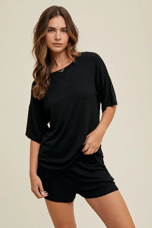 Black Ribbed Set Sleek Women's Metallic