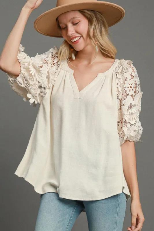 Umgee Full Size French Terry Boxy Cut Top with 3D Floral Sleeve Plus Size Elegant Women's 