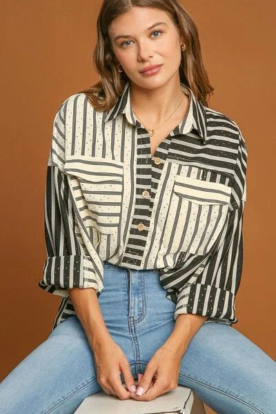 Umgee Full Size Pointelle Stripped Half Button Collared Neck Top Plus Size Cozy Women's Sherpa - lined