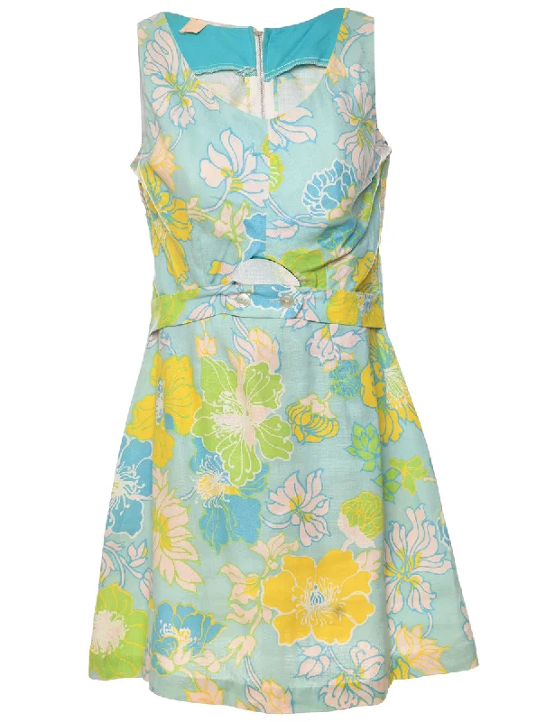 1970s Floral Print Dress - M Artistic Women's Hand - painted
