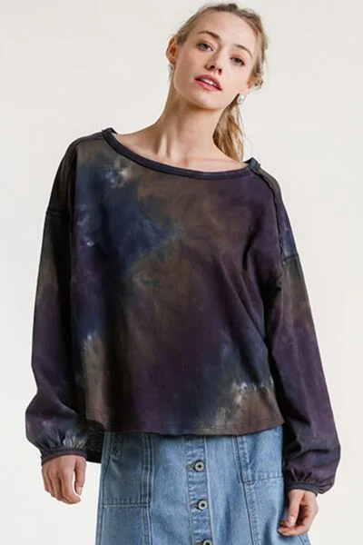Umgee Full Size Tie Dye Round Neck Long Balloon Sleeve Top Plus Size Traditional Women's 