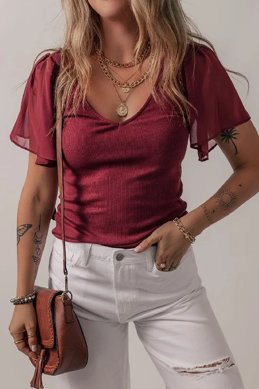 Mesh Short Sleeve Slim V-Neck Top Country