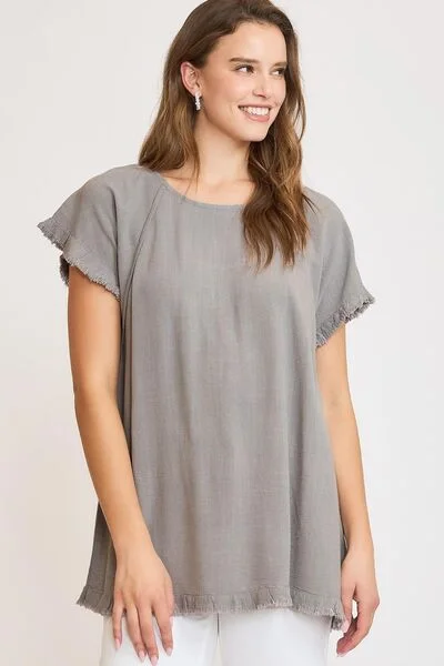 Umgee Full Size Seam Detail Linen Ruffle Fringe Edge Top Plus Size Laid - back Women's Vibe