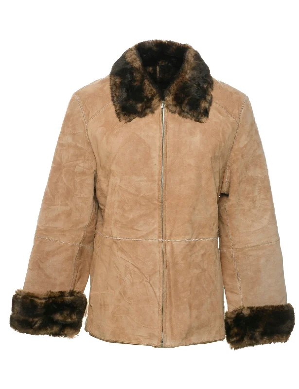 Light Brown Faux Shearling Suede Jacket - L Stylish Women's Neon