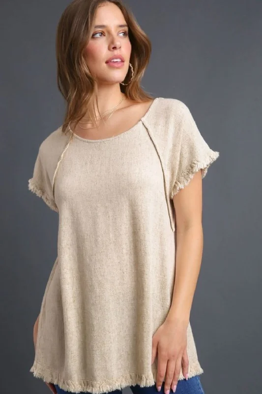 Umgee Full Size Seam Detail Linen Ruffle Fringe Edge Top Plus Size Monochromatic All - in - one