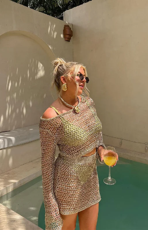 Wild Thoughts Gold Metallic Fishnet Mini Skirt Relaxed Women's 