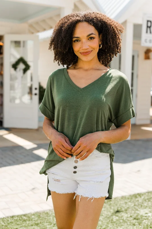 Make Your Life Easy Olive Green V-neck Top Sophisticated Women's 