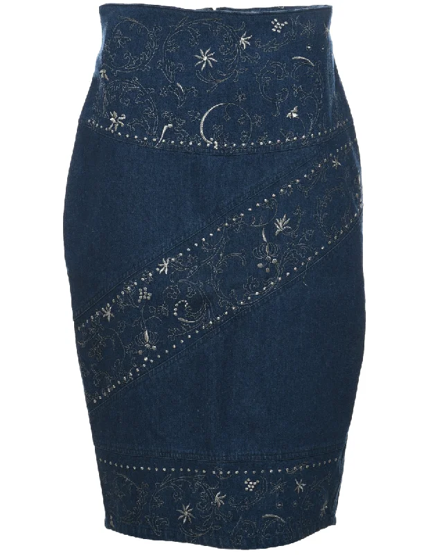 Pencil Shape Embroiderd Denim Skirt - L Vintage Women's 1970S 