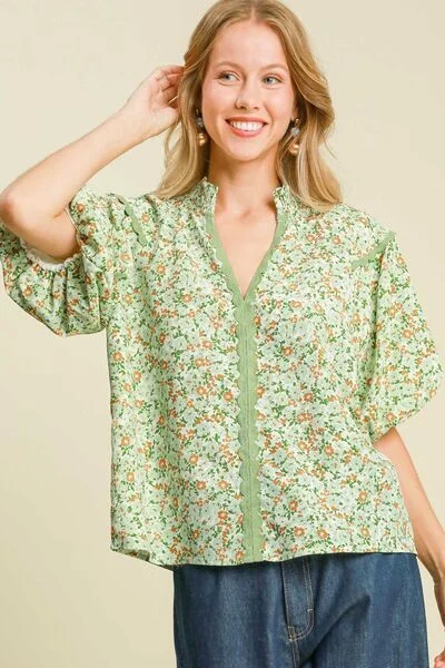 Umgee Full Size Floral Print Puff Sleeve Top Plus Size Classic Women's Tweed