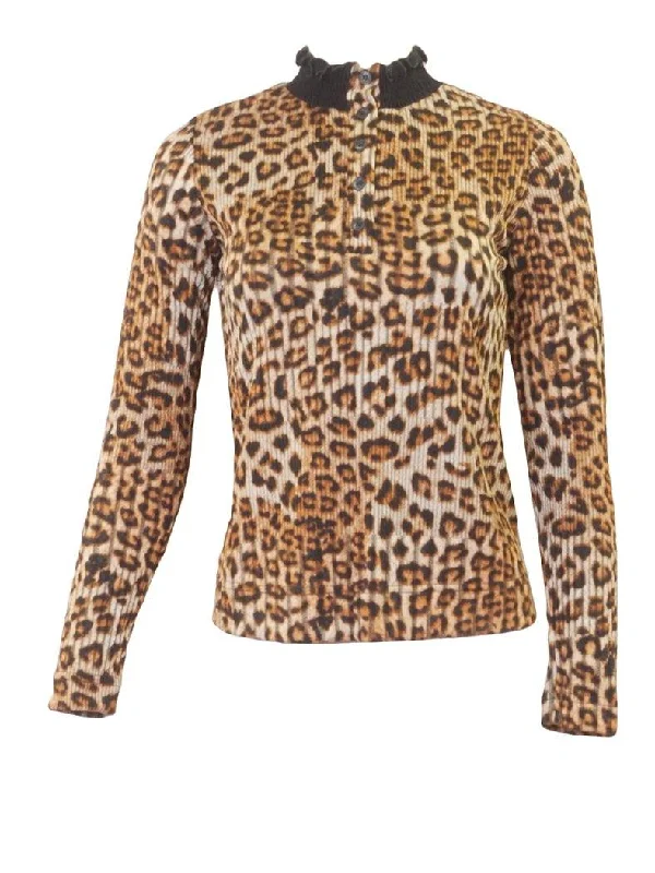Sportchic Leopard Smocked Neck Henley Top Country