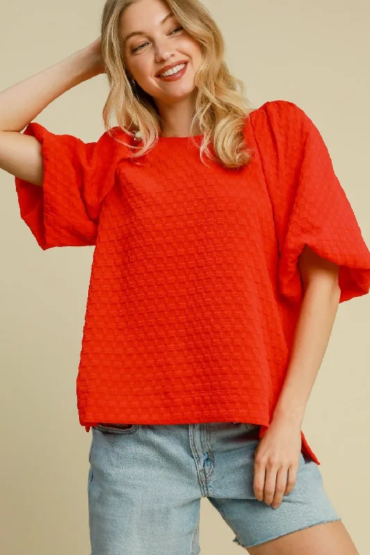 Umgee Full Size Boxy Cut Jacquard Round Neck Top with Side Slit Plus Size Elegant Women's Formal 