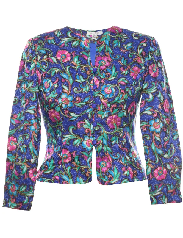 Silk Floral Pattern Jacket - M Relaxed Women's 