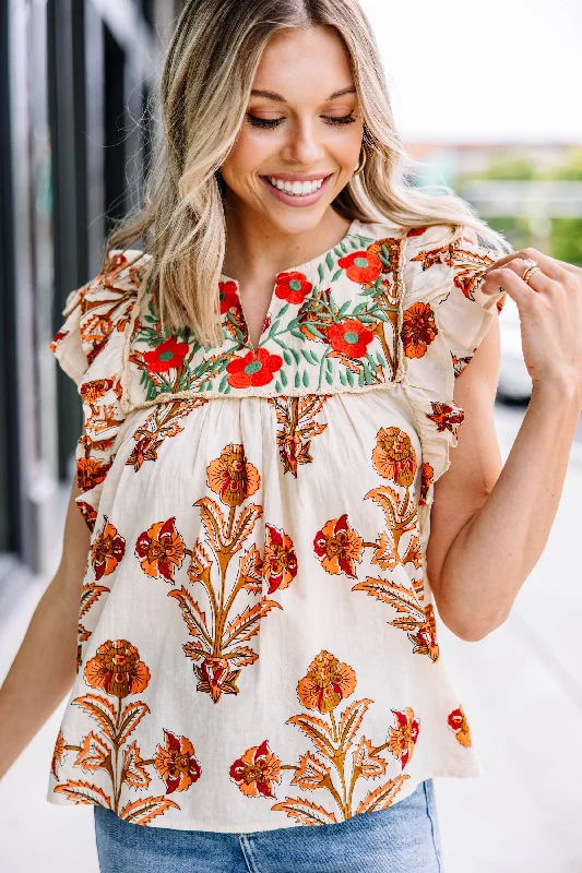 Just That Simple Cream White Floral Embroidered Blouse Refined Women's Classic 
