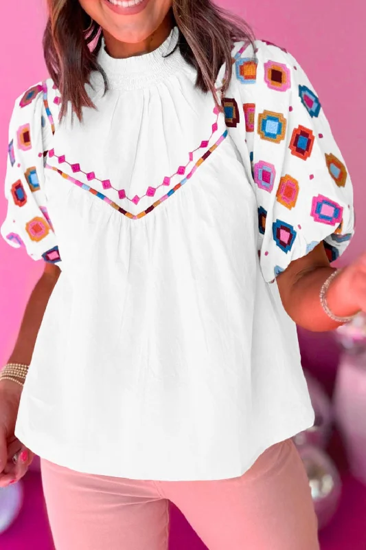 Smocked Neck Embroidered Puff Sleeve Top Business