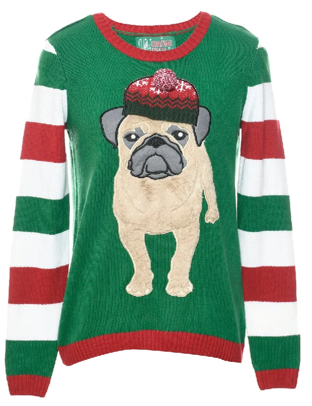 Pug Patchwork Dark Green Christmas Jumper - M Vintage Women's 1970S 
