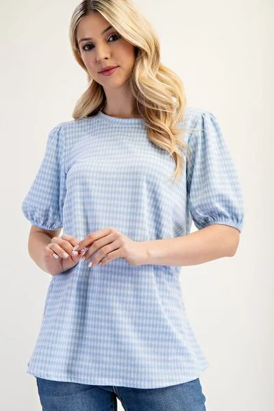 Celeste Full Size Gingham Print Top With Puff Sleeves Plus Size Cozy Women's Sherpa - lined