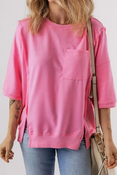 Exposed Seam Side Slit Round Neck Top Artistic Women's Avant - 