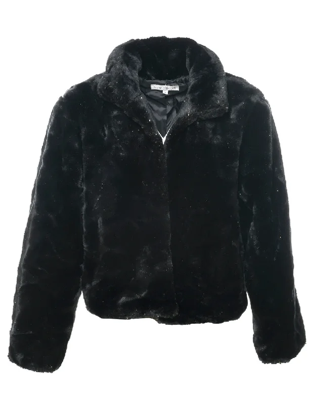 Black Faux Fur Jacket - L Laid - back Women's Vibe