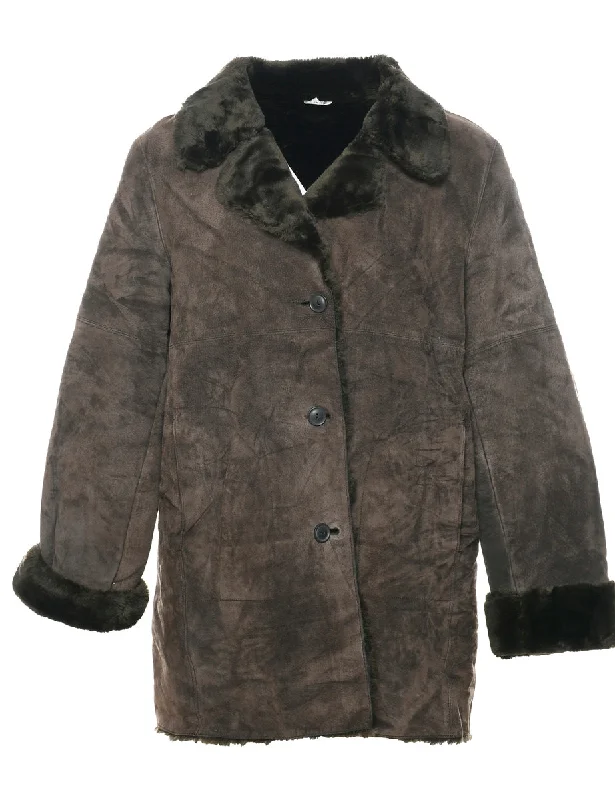 Dark Brown Faux Shearling Suede Jacket - L Dapper Women's Bow - adorned