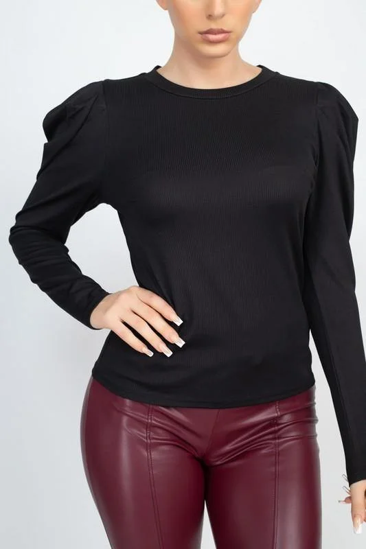 SHOPIRISBASIC Puff Long Sleeve Ribbed Shirt Hip Women's Urban